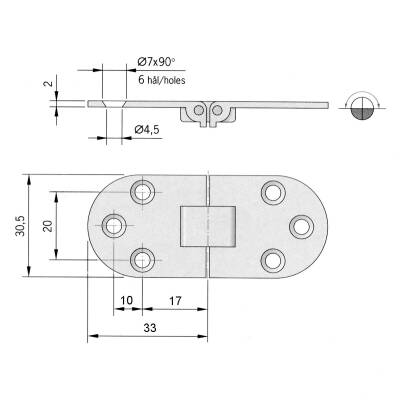 Hinge 66 x 30,5 x 2 mm, chromed brass